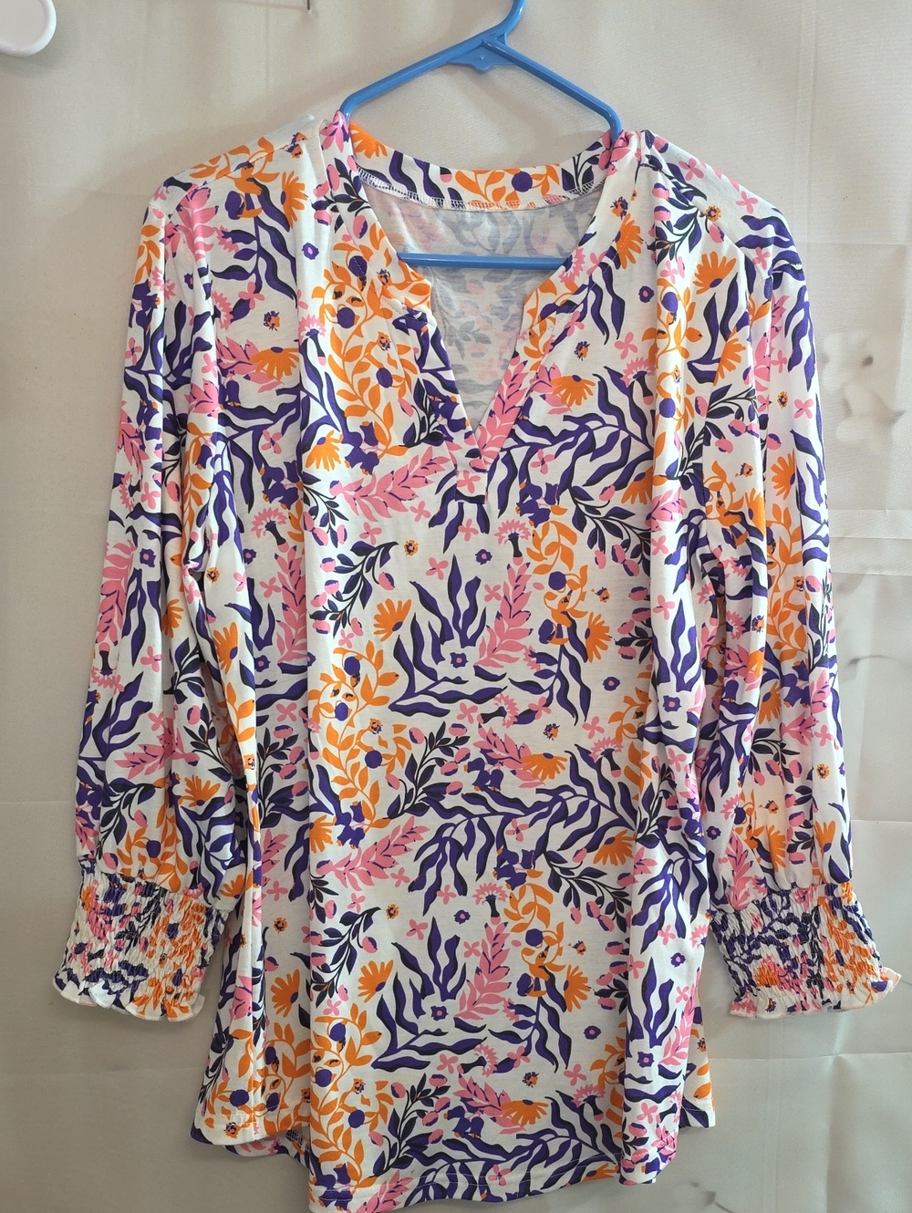 Floral V-Neck Tunic Top in White with Purple, Pink & Orange Print